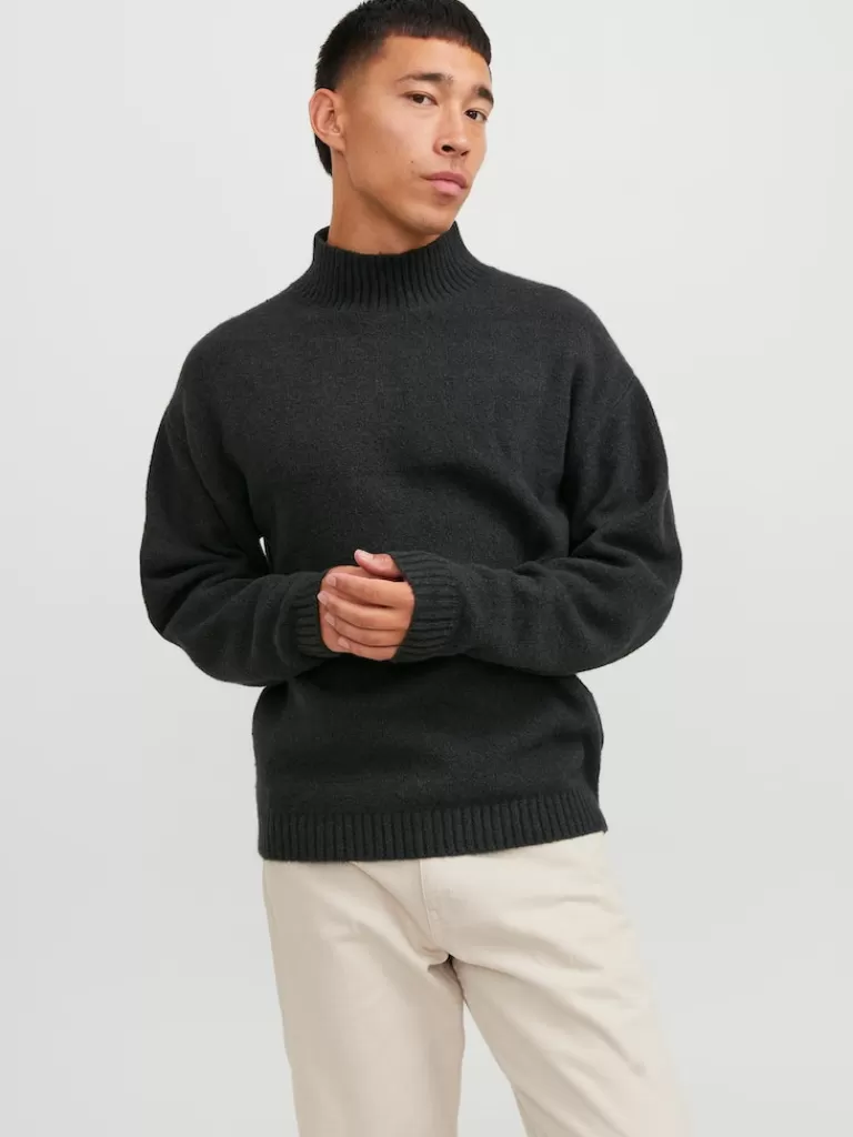 JACK&JONES ANDREI HIGH NECK SWEATER Black Sand-Men Sweaters &Cardigans