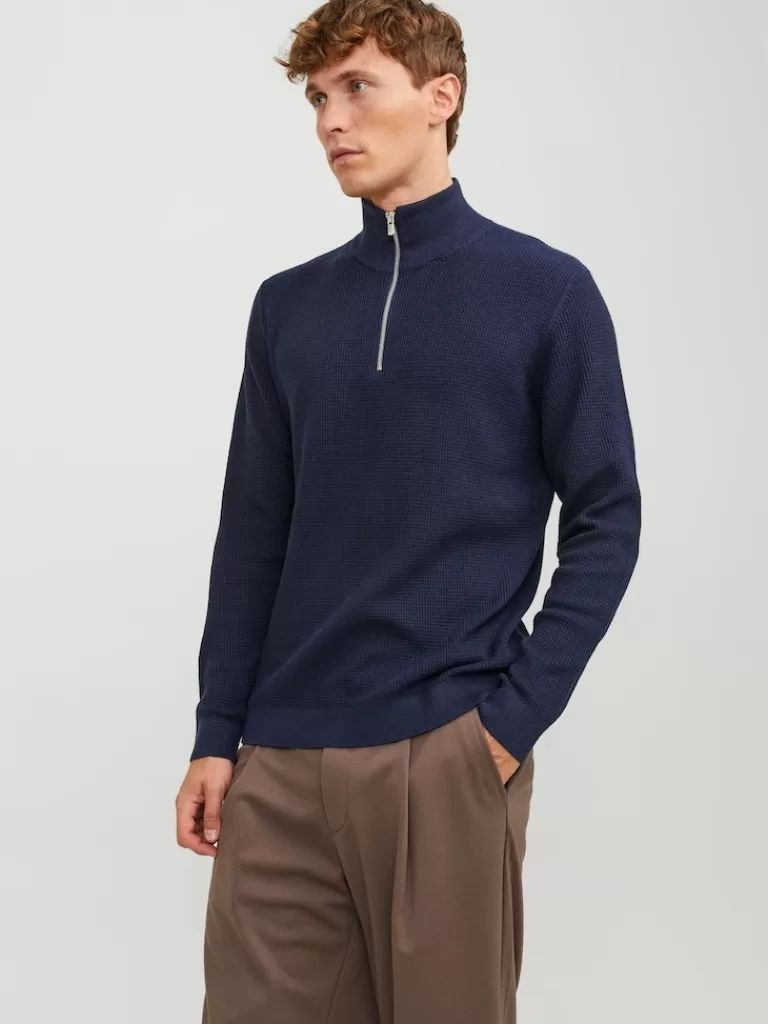 JACK&JONES ARTHUR HALF ZIP HIGH NECK SWEATER Maritime Blue-Men Sweaters &Cardigans