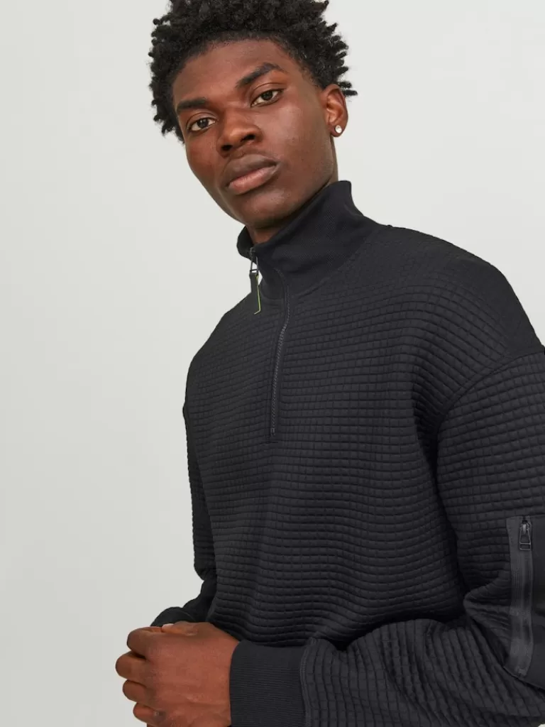 JACK&JONES HALF ZIP RELAXED FIT SWEATSHIRT Black-Men Sweatshirts &Hoodies