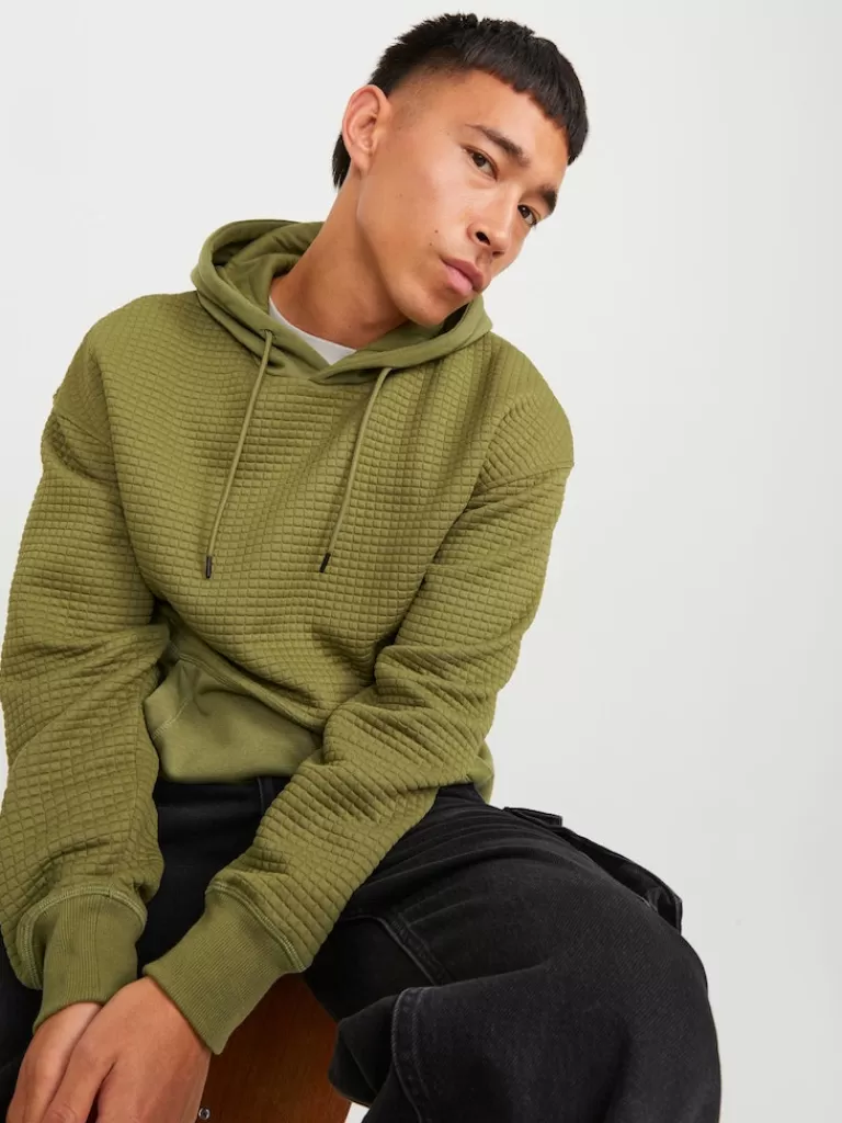 JACK&JONES BLACK RELAXED FIT HOODIE Olive Branch-Men Sweatshirts &Hoodies