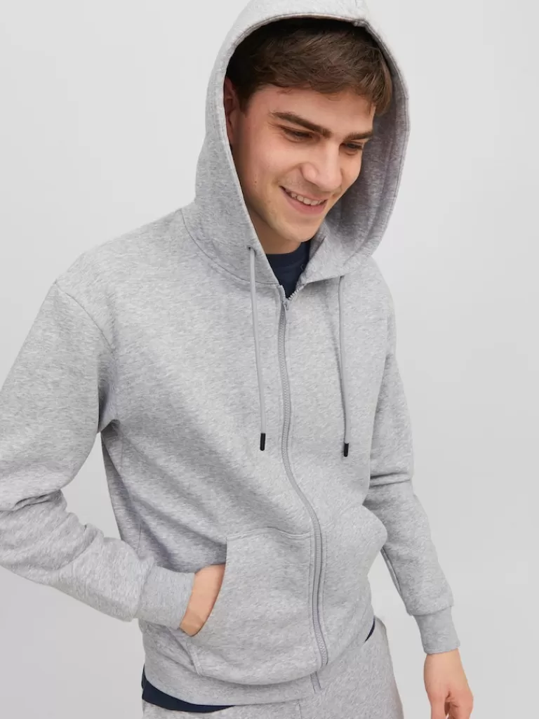 JACK&JONES BRADLEY RELAXED FIT ZIP HOODIE Light Grey Melange-Men Sweatshirts &Hoodies