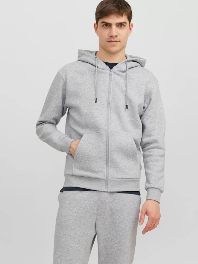 JACK&JONES BRADLEY RELAXED FIT ZIP HOODIE Light Grey Melange-Men Sweatshirts &Hoodies