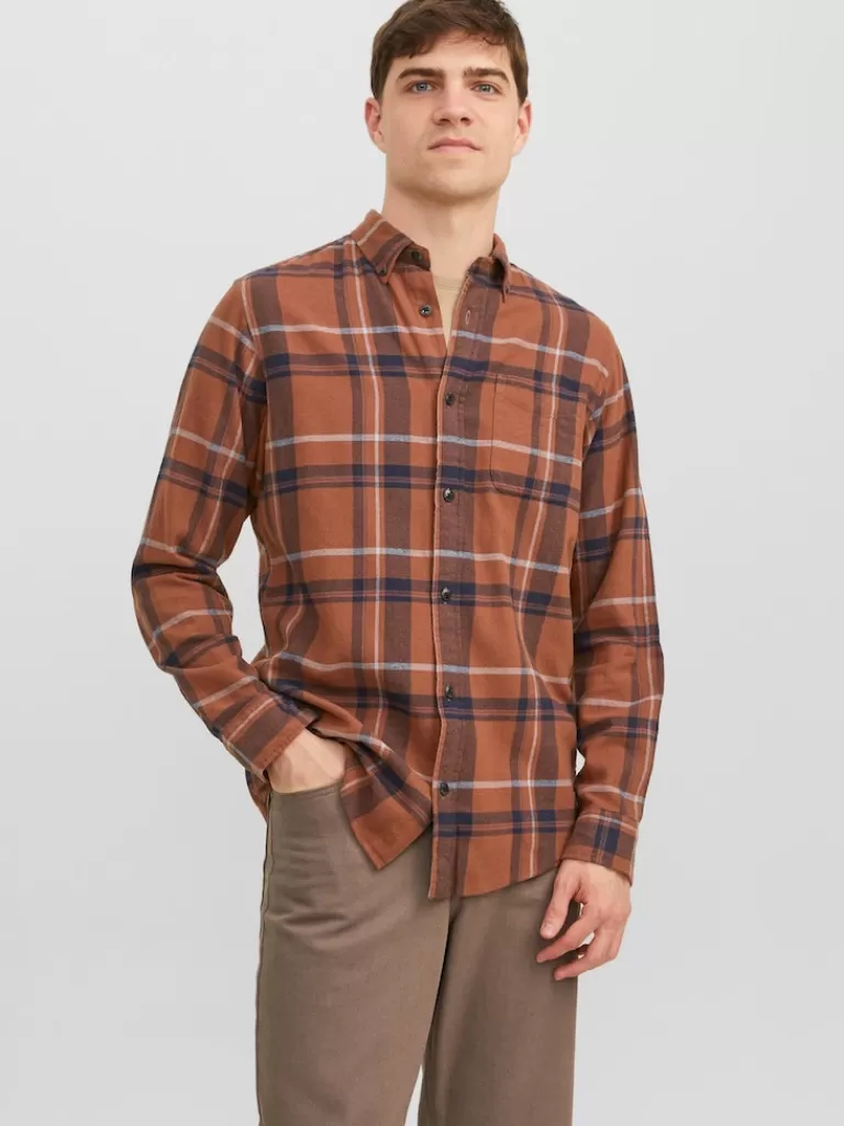 JACK&JONES BROOK PLAID LONG SLEEVE SHIRT Cambridge Brown-Men Shirts &Overshirts