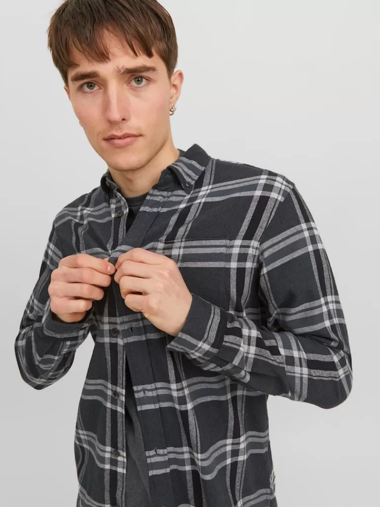 JACK&JONES BROOK PLAID LONG SLEEVE SHIRT Black Sand-Men Shirts &Overshirts