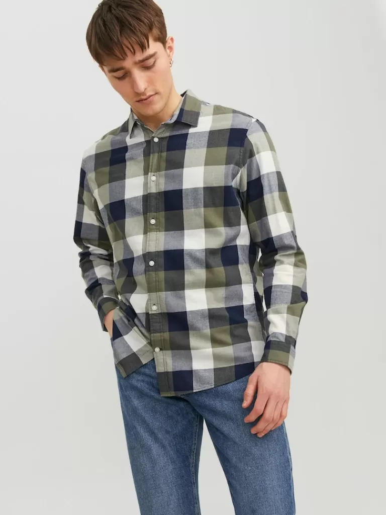 JACK&JONES BUFFALO PLAID LONG SLEEVE SHIRT Dusty Olive-Men Shirts &Overshirts