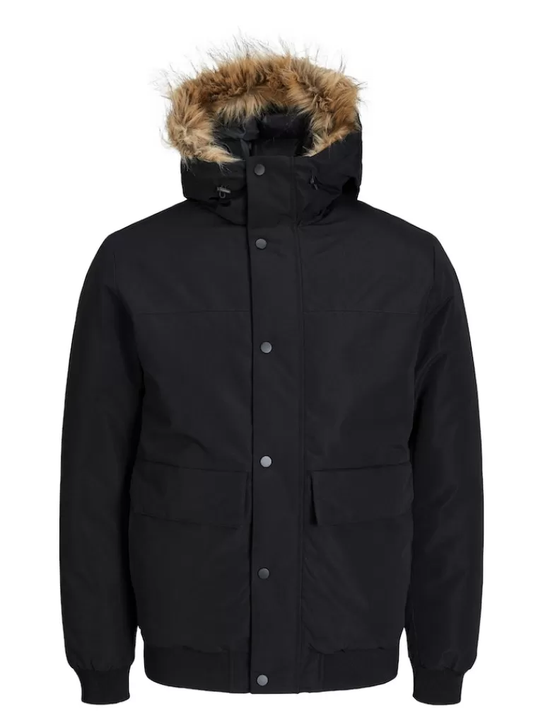 JACK&JONES CHAMP FAUX FUR HOODED COAT Black-Men Coats | Warm | Outerwear | Jackets &Coats