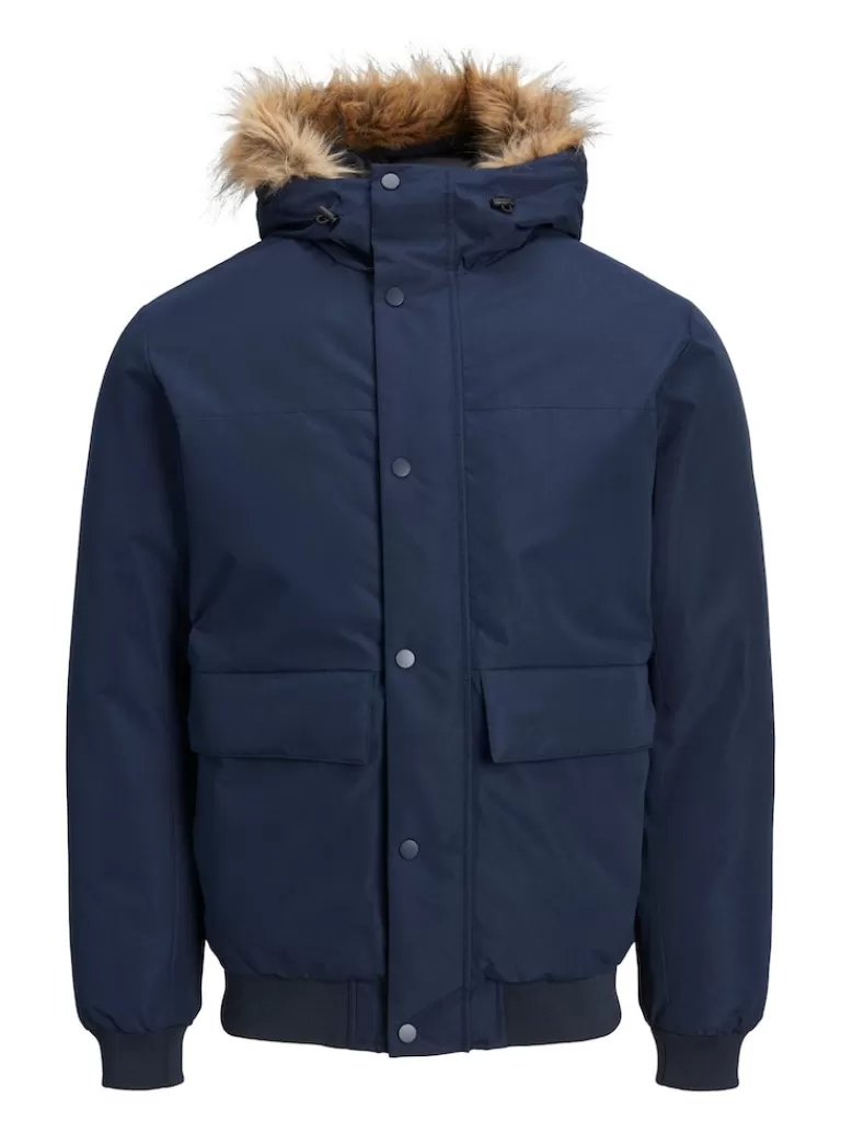 JACK&JONES CHAMP FAUX FUR HOODED COAT Navy Blazer-Men Coats | Warm | Outerwear | Jackets &Coats