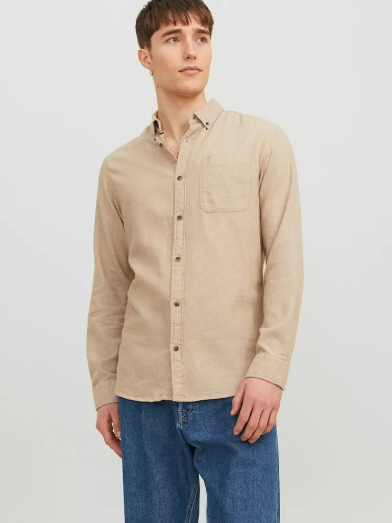 JACK&JONES CLASSIC LONG SLEEVE SHIRT Oatmeal-Men Shirts &Overshirts