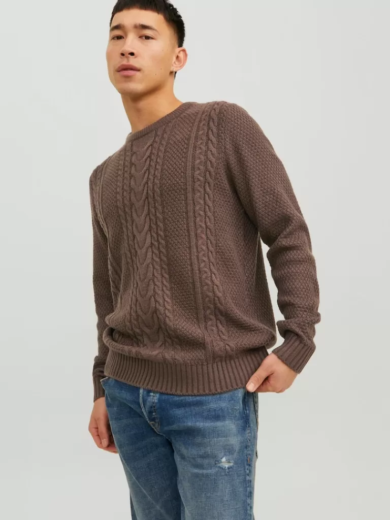 JACK&JONES CRAIG CABLE KNIT SWEATER Seal Brown-Men Sweaters &Cardigans