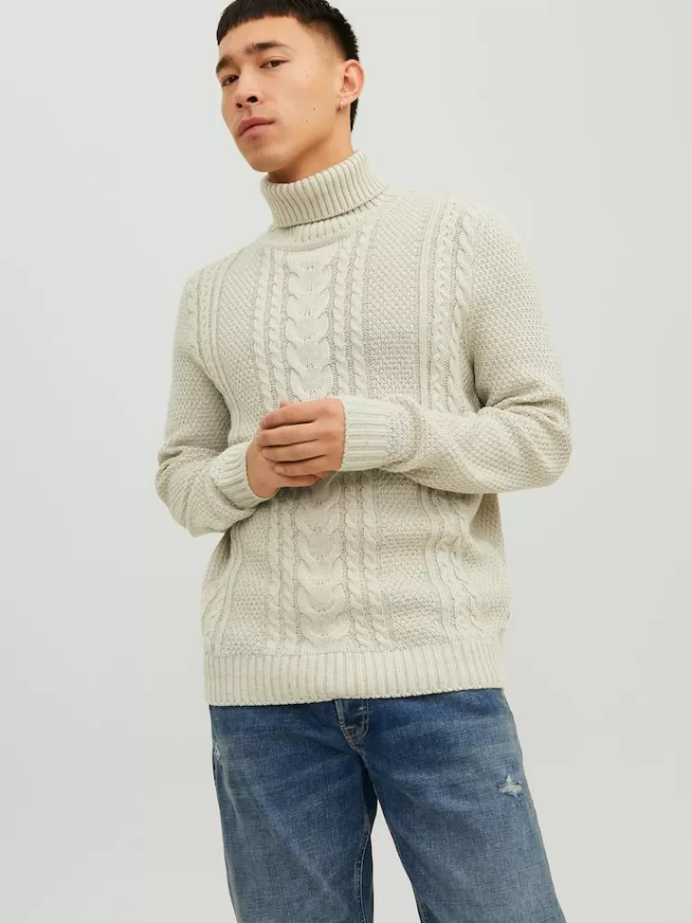 JACK&JONES CRAIG TURTLENECK CABLE KNIT SWEATER White Melange-Men Sweaters &Cardigans