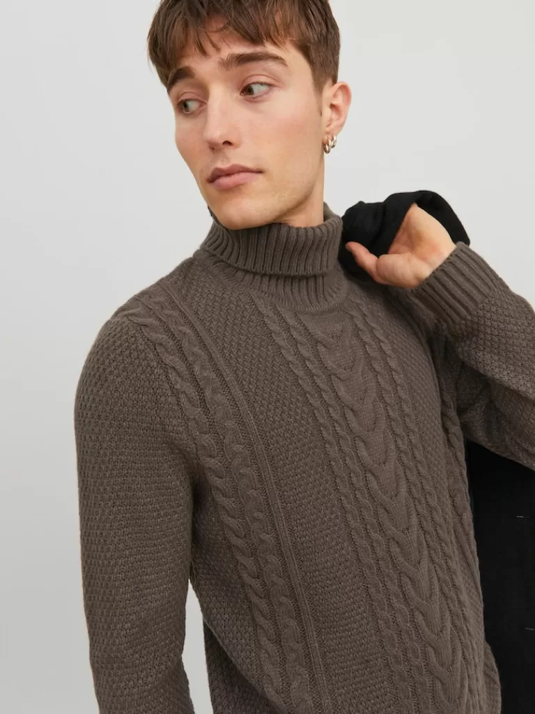 JACK&JONES CRAIG TURTLENECK CABLE KNIT SWEATER Seal Brown-Men Sweaters &Cardigans