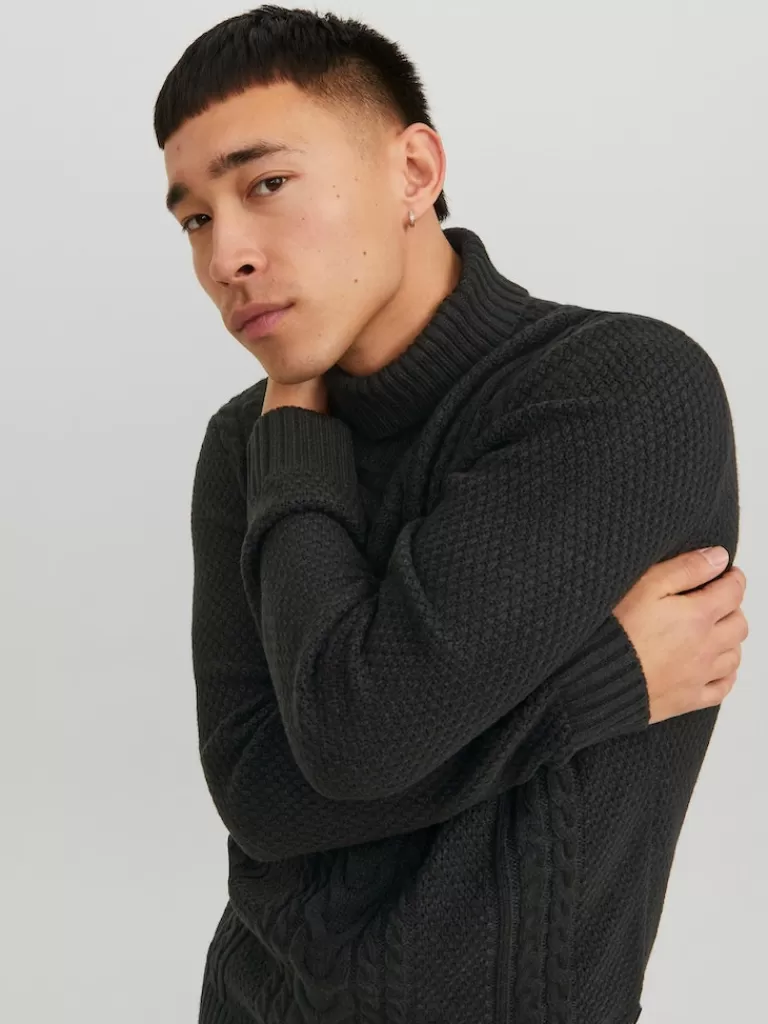 JACK&JONES CRAIG TURTLENECK CABLE KNIT SWEATER Black-Men Sweaters &Cardigans