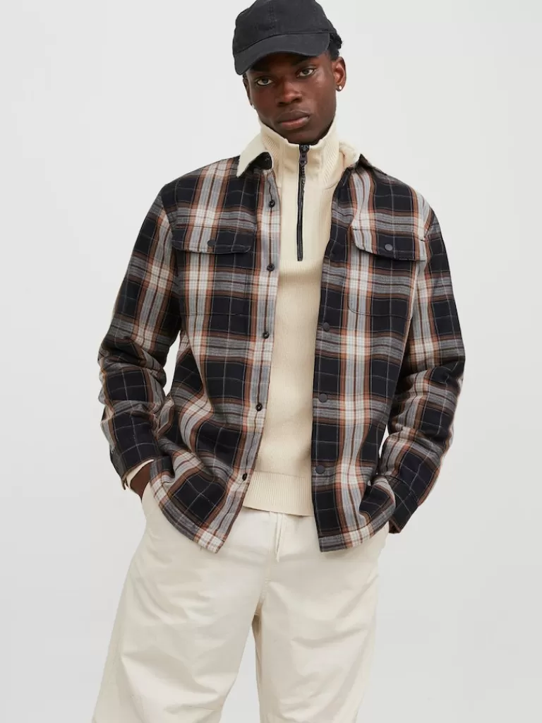 JACK&JONES DARREN TEDDY-LINED PLAID OVERSHIRT Seal Brown-Men Overshirts &Shackets | Outerwear | Shirts &Overshirts