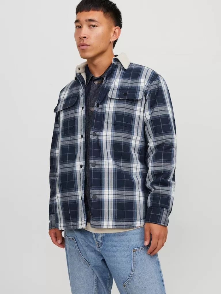 JACK&JONES DARREN TEDDY-LINED PLAID OVERSHIRT Navy Blazer-Men Overshirts &Shackets | Outerwear | Shirts &Overshirts