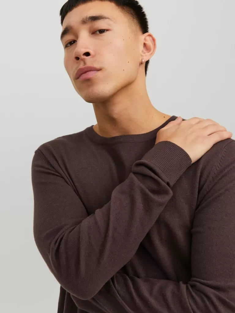 JACK&JONES EMIL CREW NECK SWEATER Seal Brown-Men Sweaters &Cardigans