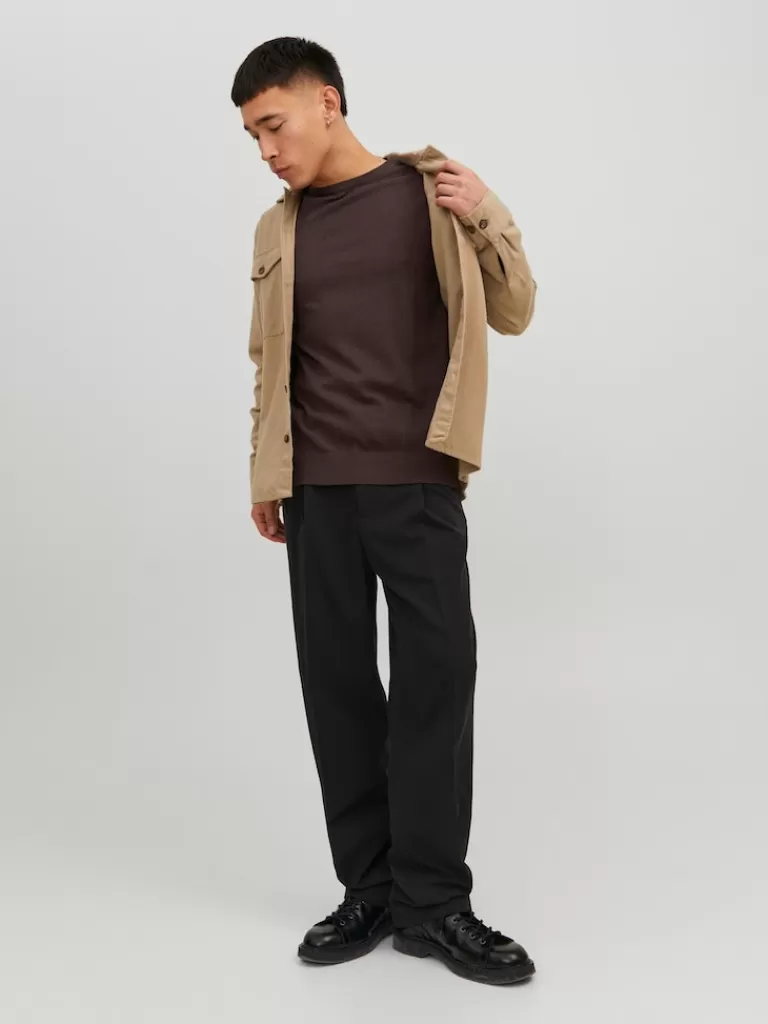 JACK&JONES EMIL CREW NECK SWEATER Seal Brown-Men Sweaters &Cardigans