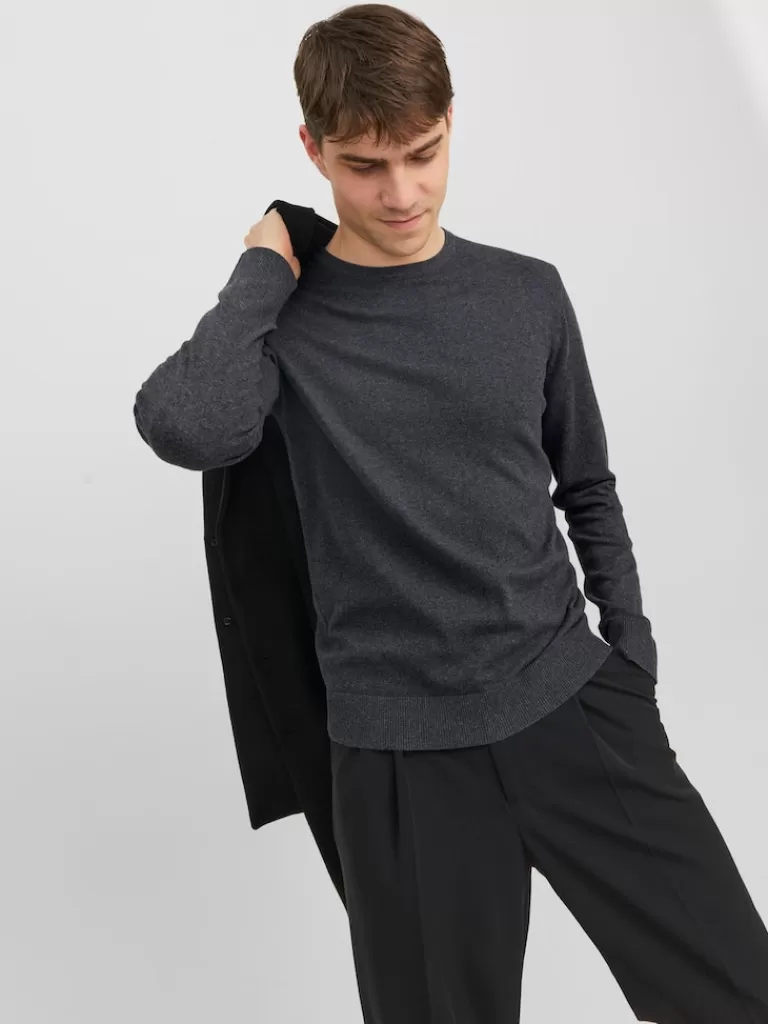 JACK&JONES EMIL CREW NECK SWEATER Dark Grey Melange-Men Sweaters &Cardigans