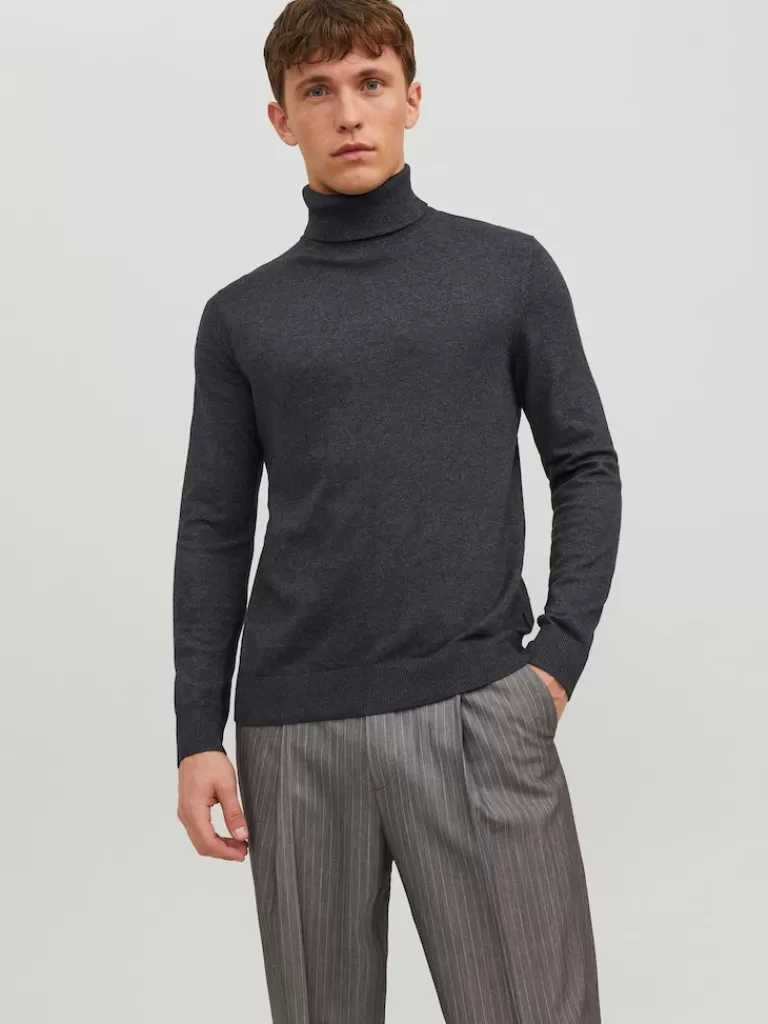 JACK&JONES EMIL ESSENTIAL SOLID TURTLENECK Dark Grey Melange-Men Sweaters &Cardigans