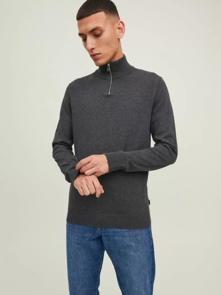 JACK&JONES EMIL HALF-ZIP SWEATER Dark Grey Melange-Men Sweaters &Cardigans