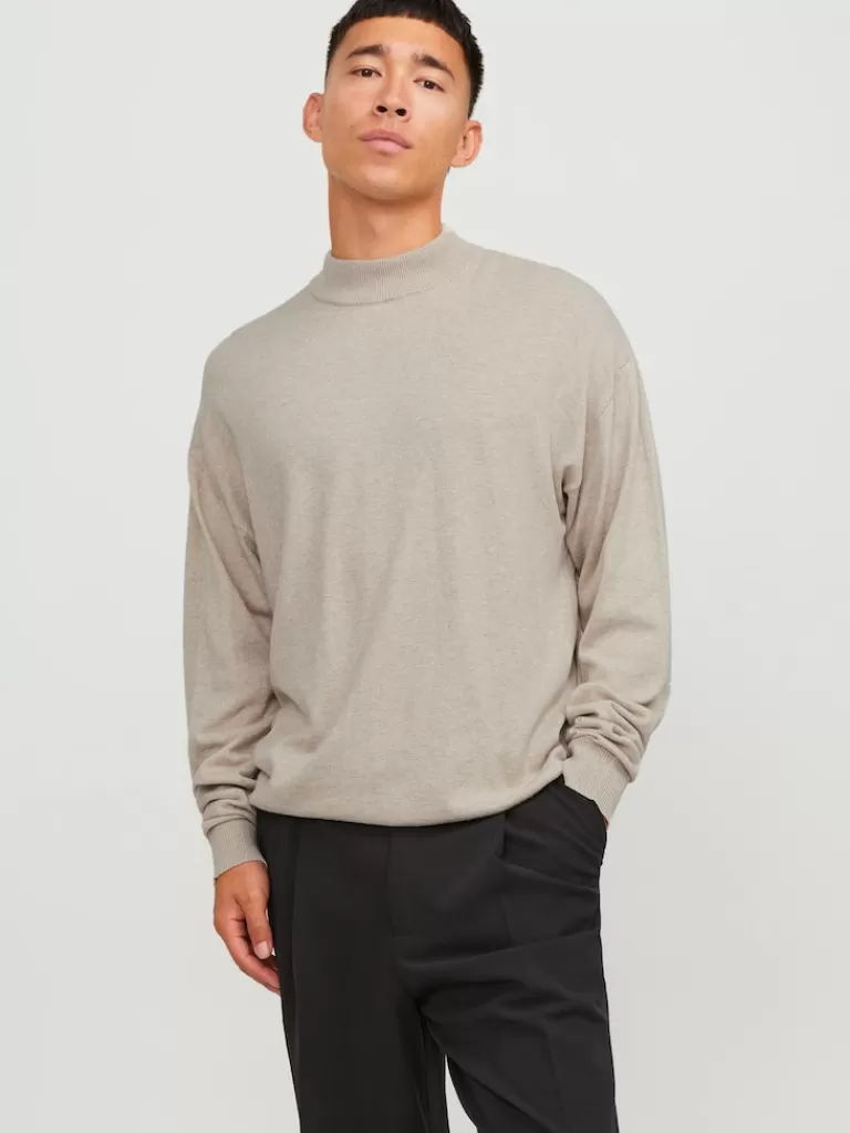 JACK&JONES EMIL MOCK NECK SWEATER Oatmeal-Men Sweaters &Cardigans