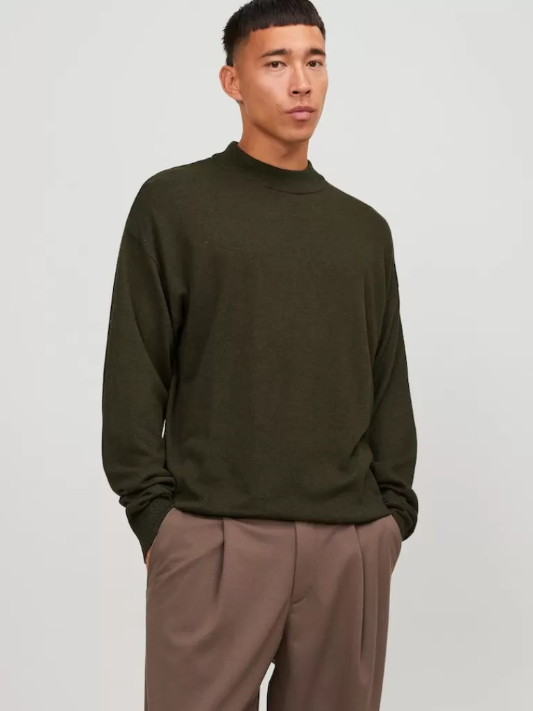 JACK&JONES EMIL MOCK NECK SWEATER Olive Night-Men Sweaters &Cardigans