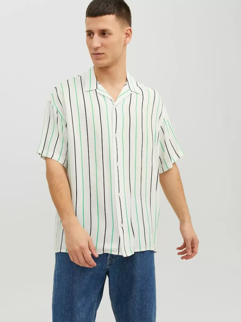 JACK&JONES FINAL SALE - LUKE STRIPED SHORT-SLEEVE SHIRT Cloud Dancer-Men Shirts &Overshirts