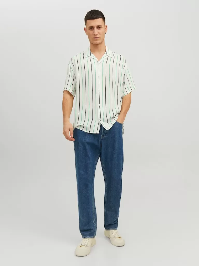 JACK&JONES FINAL SALE - LUKE STRIPED SHORT-SLEEVE SHIRT Cloud Dancer-Men Shirts &Overshirts