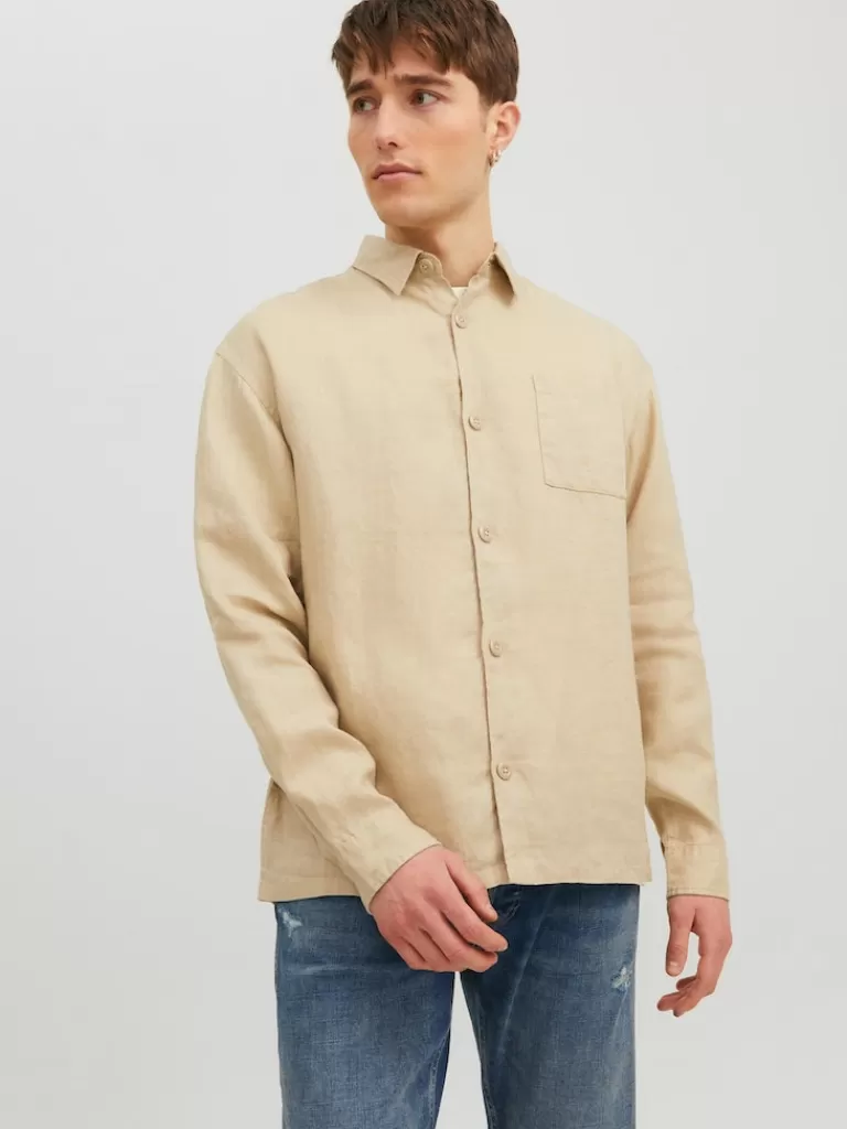 JACK&JONES FINAL SALE - MATSSON LINEN LONG-SLEEVE SHIRT White Pepper-Men Shirts &Overshirts