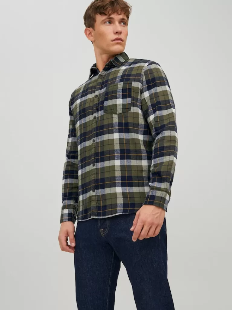 JACK&JONES FINAL SALE - OWEN PLAID SHIRT Olive Night-Men Shirts &Overshirts