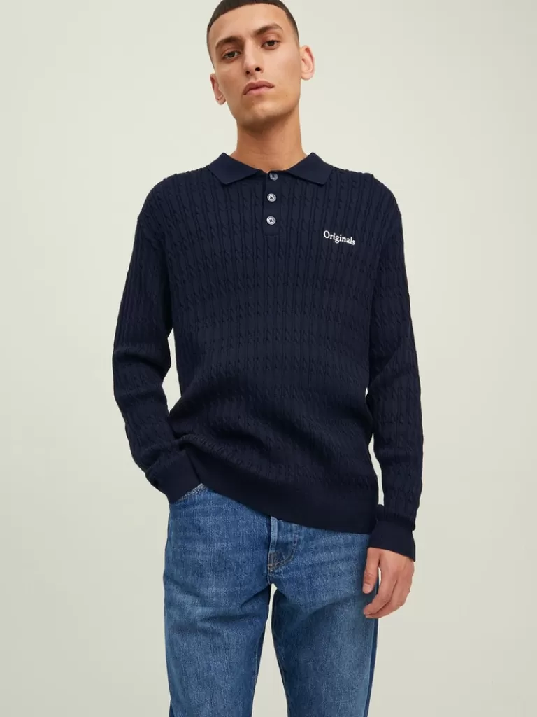 JACK&JONES FINAL SALE - PARK LONG SLEEVE CABLE KNITTED POLO Navy Blazer-Men Polos | Sweaters &Cardigans