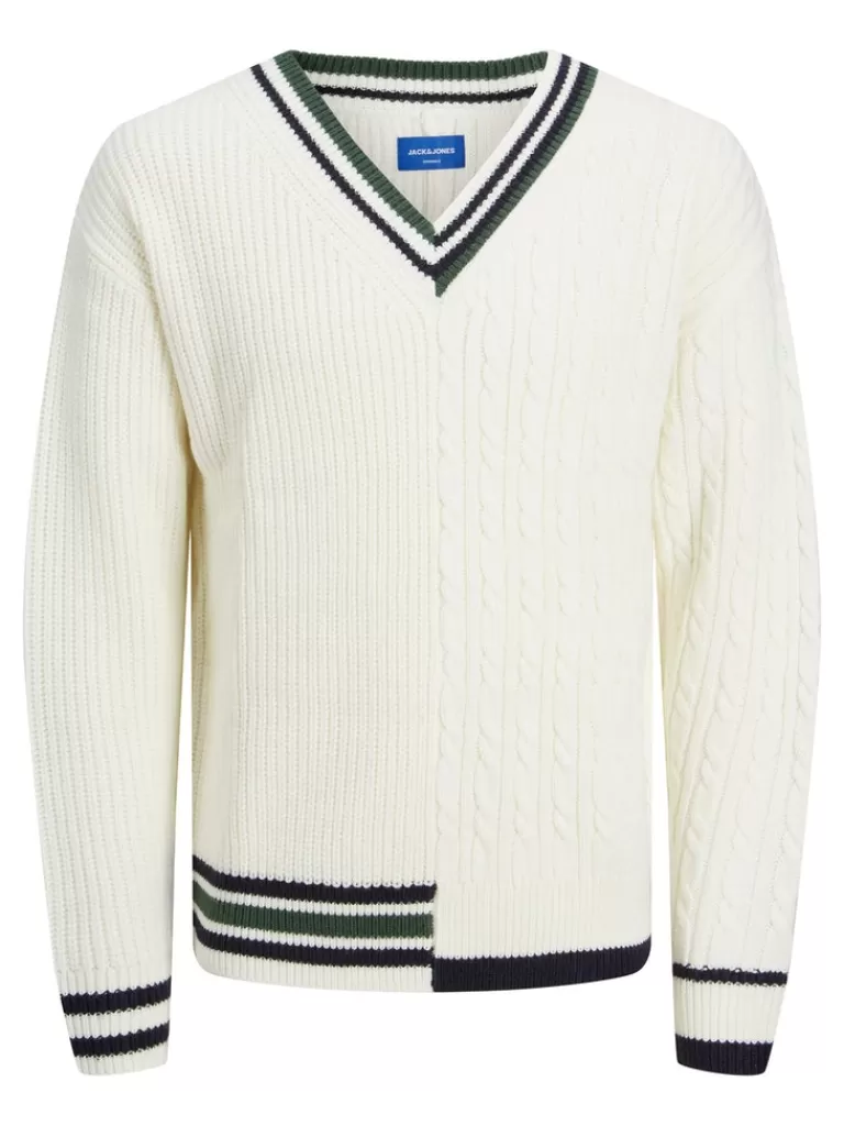 JACK&JONES FINAL SALE - SPLIT STRIPED V-NECK SWEATER Cloud Dancer-Men Sweaters &Cardigans