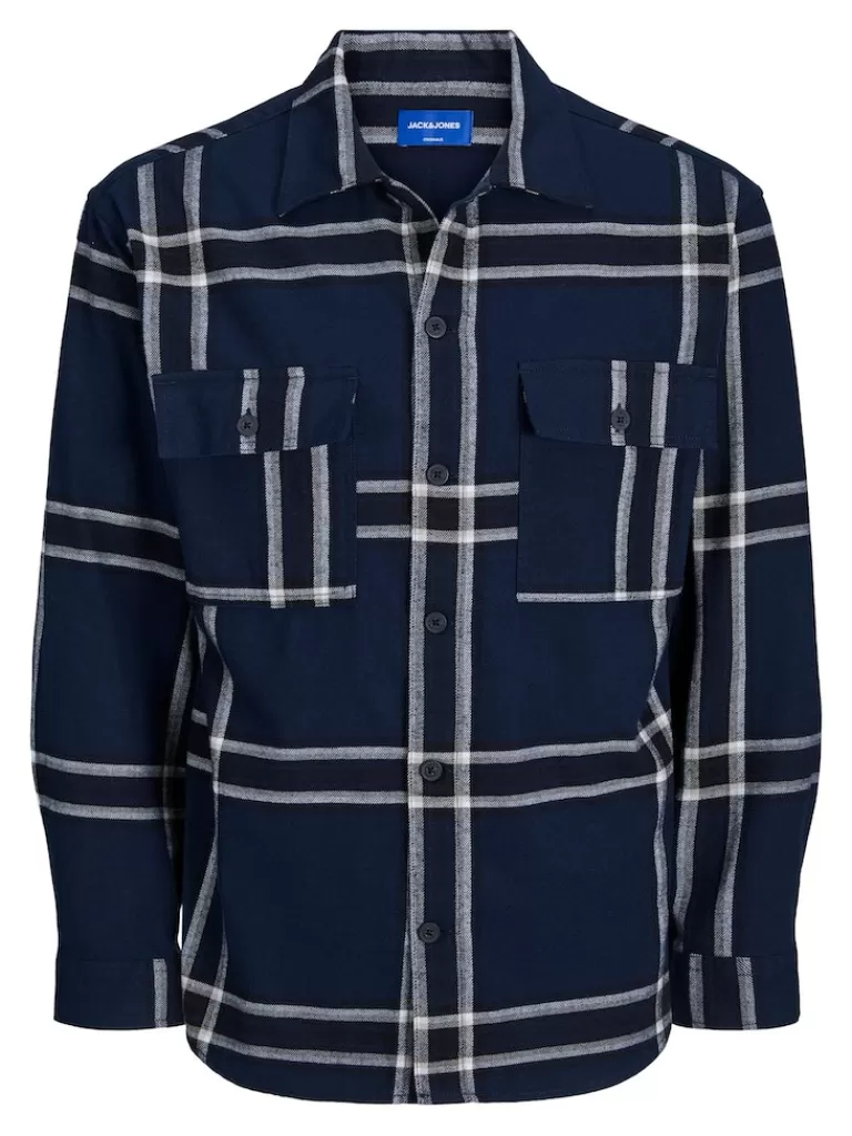 JACK&JONES FRI RELAXED FIT PLAID OVERSHIRT Navy Blazer-Men Overshirts &Shackets | Outerwear | Shirts &Overshirts