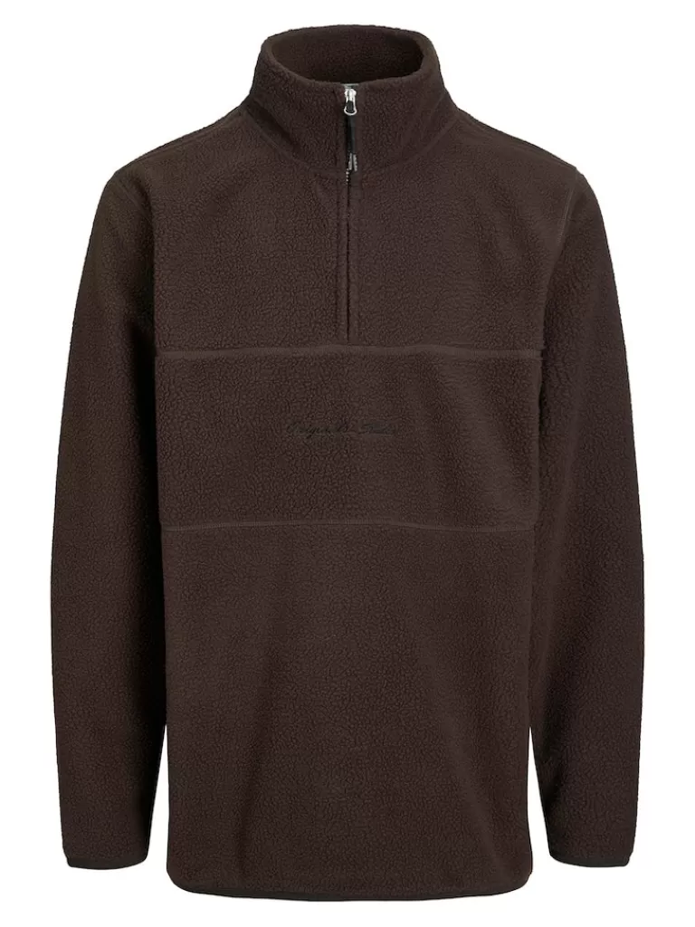 JACK&JONES HAYS HALF-ZIP FLEECE SWEATSHIRT Chocolate Brown-Men Sweatshirts &Hoodies