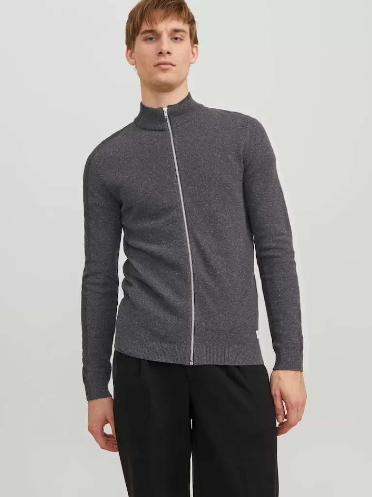 JACK&JONES HILL HIGH NECK ZIP CARDIGAN Dark Grey Melange-Men Sweaters &Cardigans