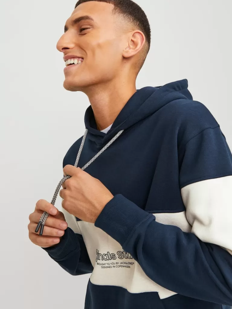 JACK&JONES LAKEWOOD RELAXED FIT HOODIE Sky Captain & Cream-Men Sweatshirts &Hoodies