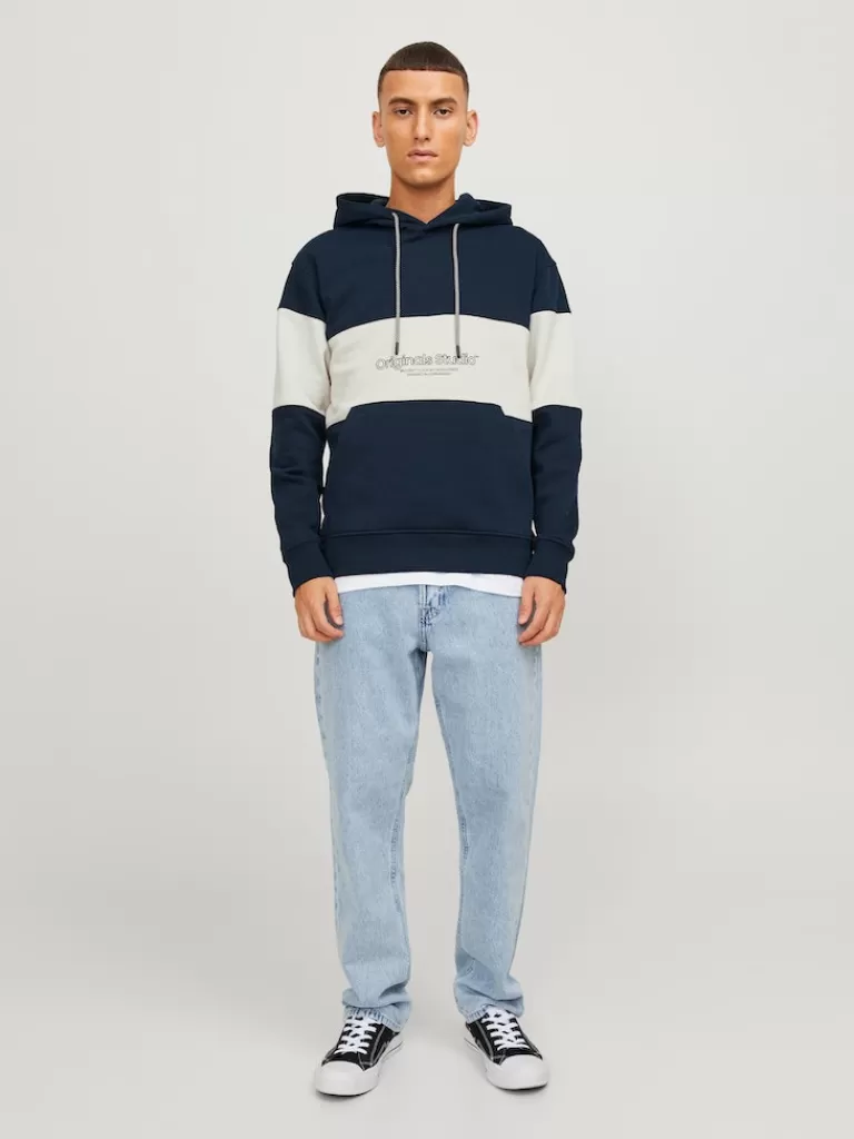 JACK&JONES LAKEWOOD RELAXED FIT HOODIE Sky Captain & Cream-Men Sweatshirts &Hoodies