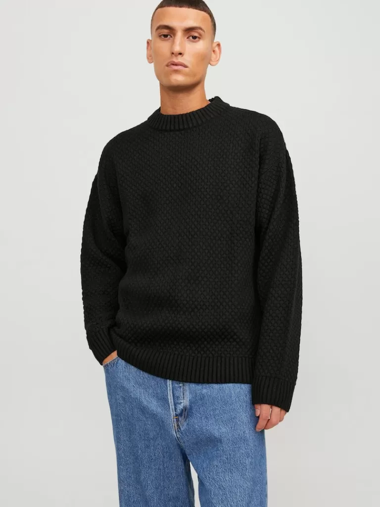 JACK&JONES LAKEWOOD RELAXED FIT TEXTURED SWEATER Black-Men Sweaters &Cardigans