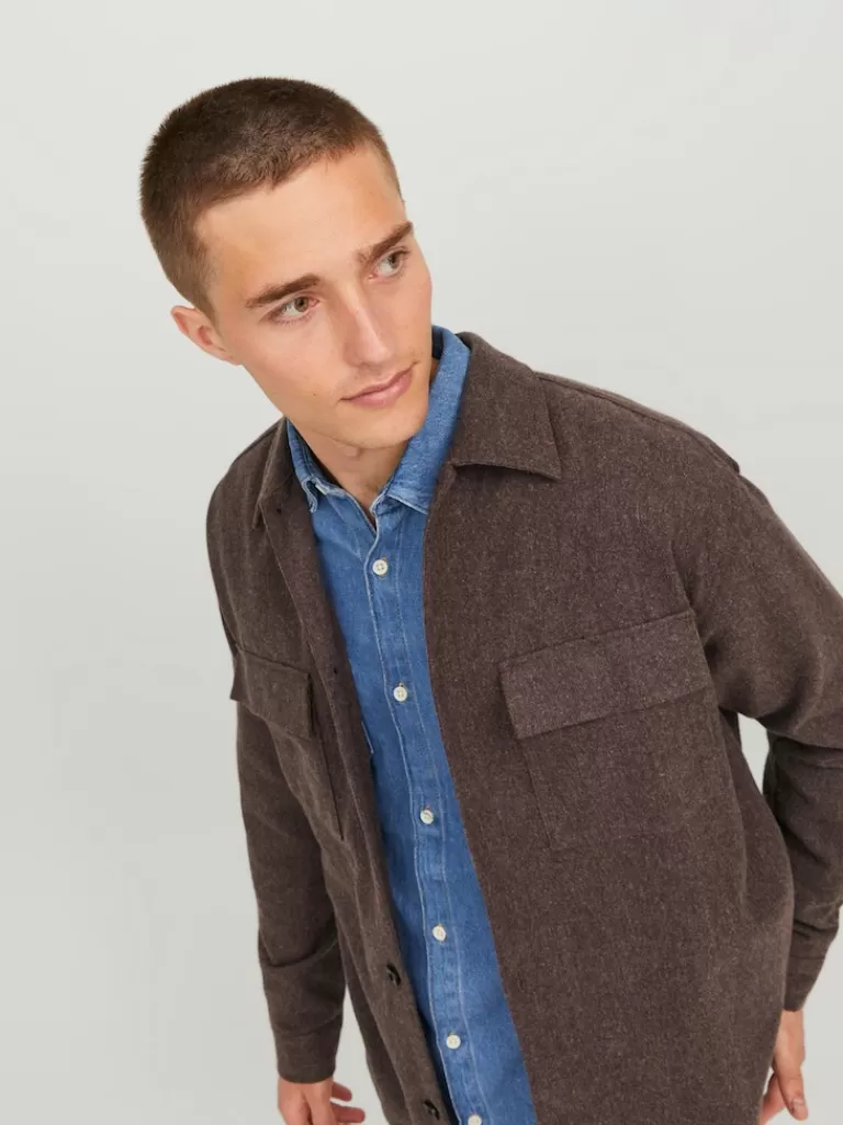 JACK&JONES MELANGE RELAXED FIT OVERSHIRT Chocolate Brown-Men Overshirts &Shackets | Outerwear | Shirts &Overshirts