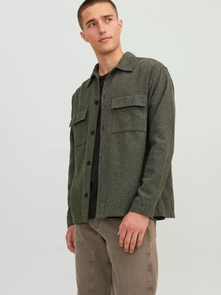 JACK&JONES MELANGE RELAXED FIT OVERSHIRT Forest Night-Men Overshirts &Shackets | Outerwear | Shirts &Overshirts