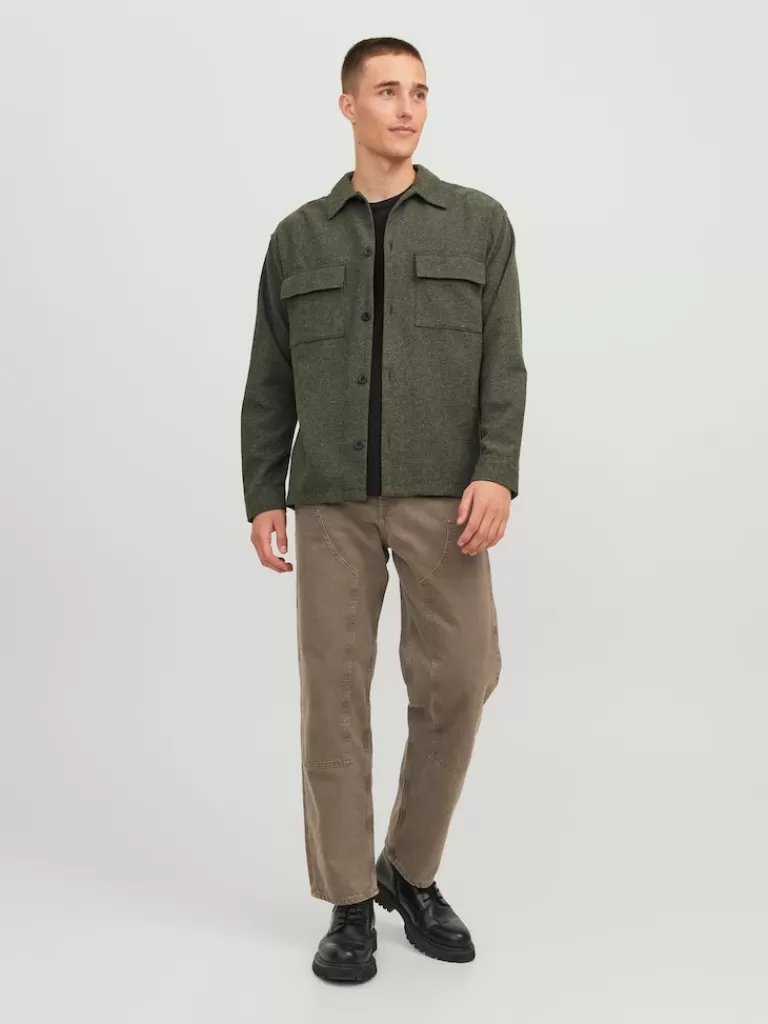 JACK&JONES MELANGE RELAXED FIT OVERSHIRT Forest Night-Men Overshirts &Shackets | Outerwear | Shirts &Overshirts