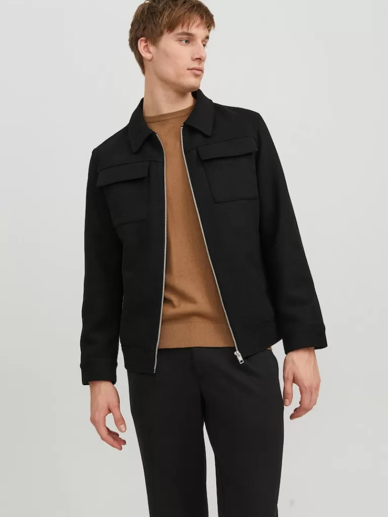 JACK&JONES MORRISON WOOL-BLEND ZIP-UP JACKET Black-Men Wool | Transitional weather | Lightweight | Outerwear | Jackets &Coats