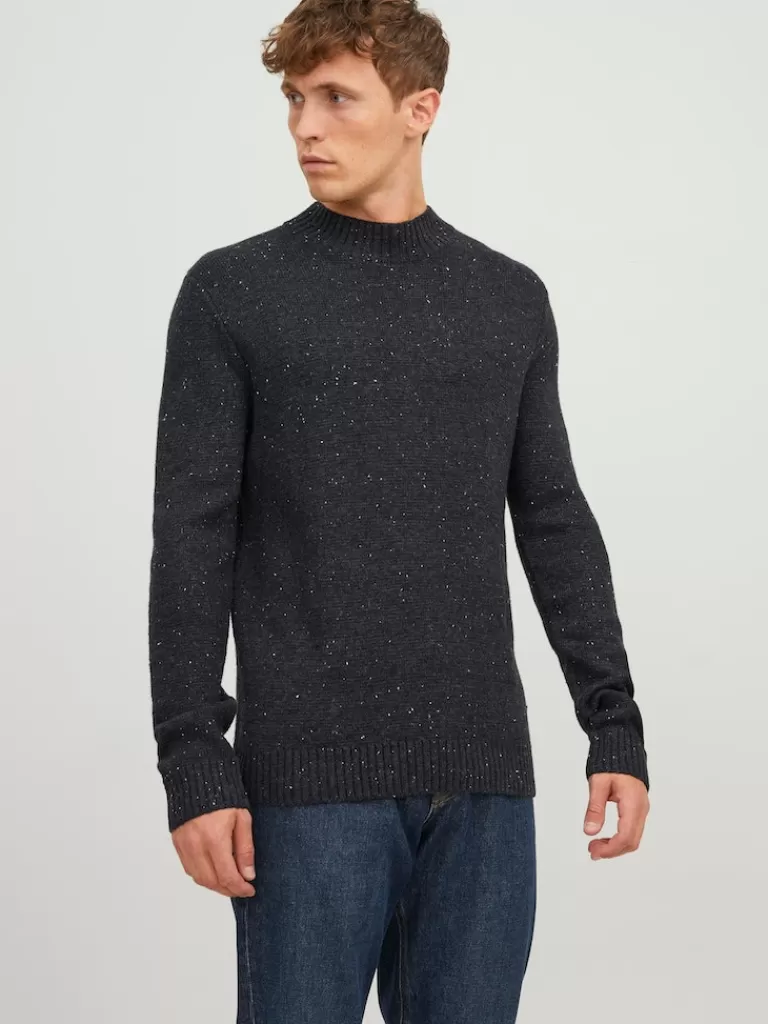 JACK&JONES NOLAN MOCK NECK SWEATER Dark Grey Melange-Men Sweaters &Cardigans