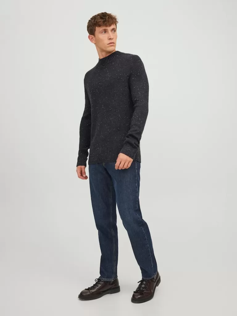 JACK&JONES NOLAN MOCK NECK SWEATER Dark Grey Melange-Men Sweaters &Cardigans