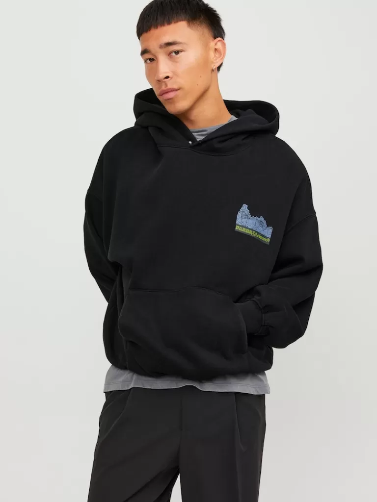 JACK&JONES ONTARIO LOOSE FIT PRINT HOODIE Black-Men Sweatshirts &Hoodies