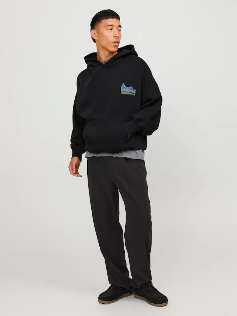 JACK&JONES ONTARIO LOOSE FIT PRINT HOODIE Black-Men Sweatshirts &Hoodies