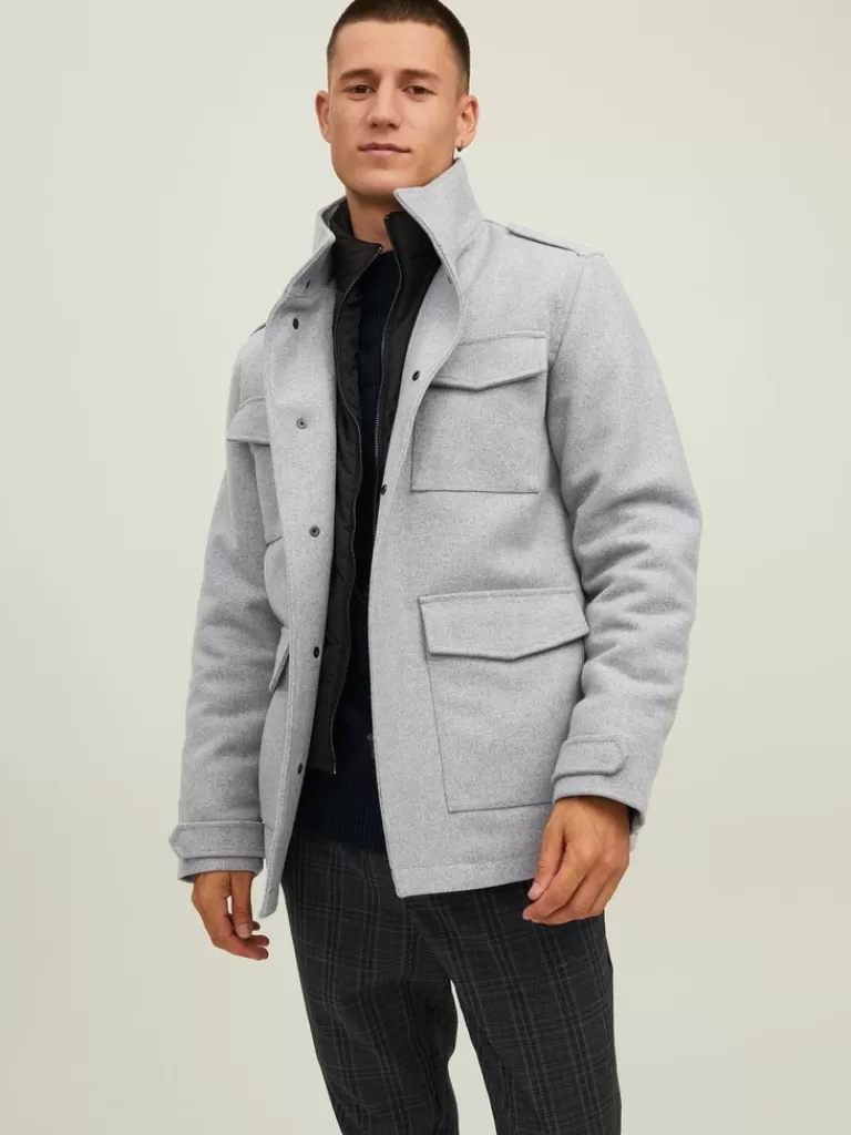 JACK&JONES PARKER WOOL-BLEND HIGH NECK JACKET Light Grey Melange-Men Wool | Warm | Outerwear | Jackets &Coats