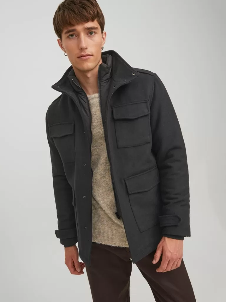 JACK&JONES PARKER WOOL-BLEND HIGH NECK JACKET Black-Men Wool | Warm | Outerwear | Jackets &Coats