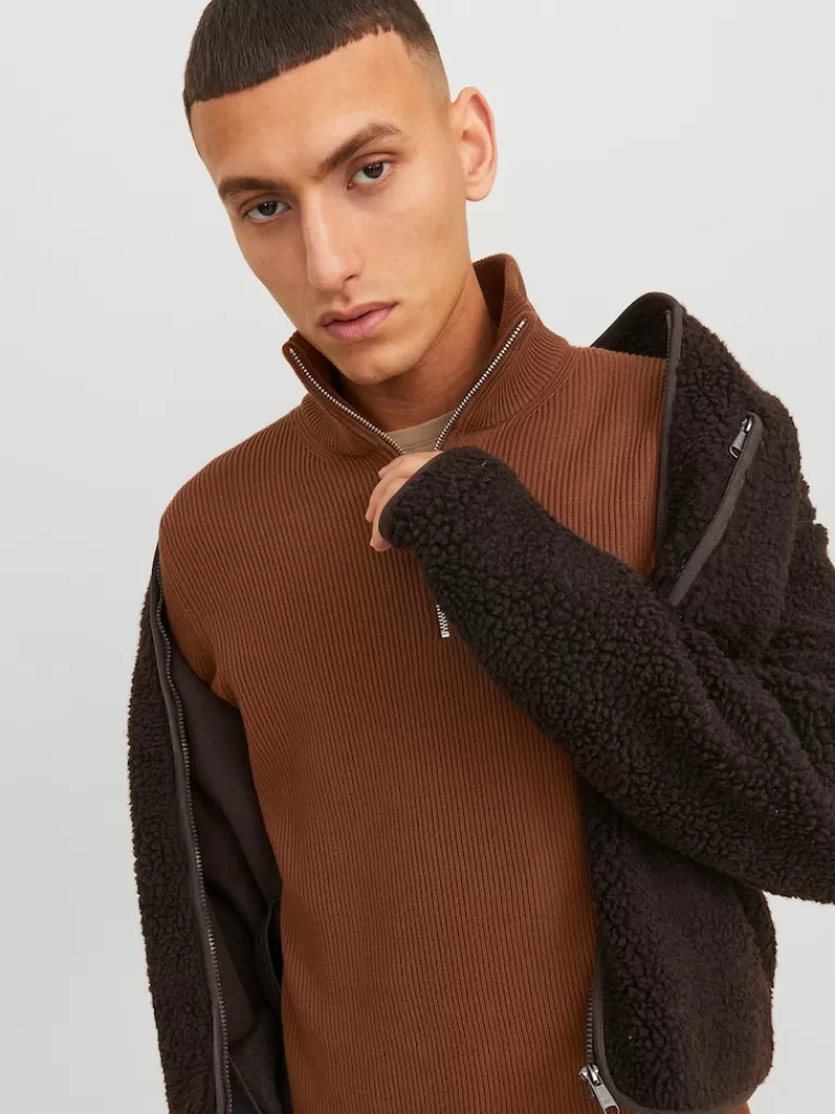 JACK&JONES PERFECT HALF ZIP HIGH NECK SWEATER Cambridge Brown-Men Sweaters &Cardigans