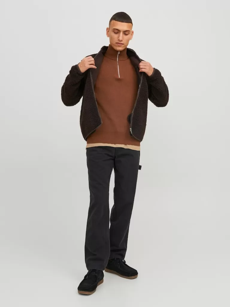 JACK&JONES PERFECT HALF ZIP HIGH NECK SWEATER Cambridge Brown-Men Sweaters &Cardigans