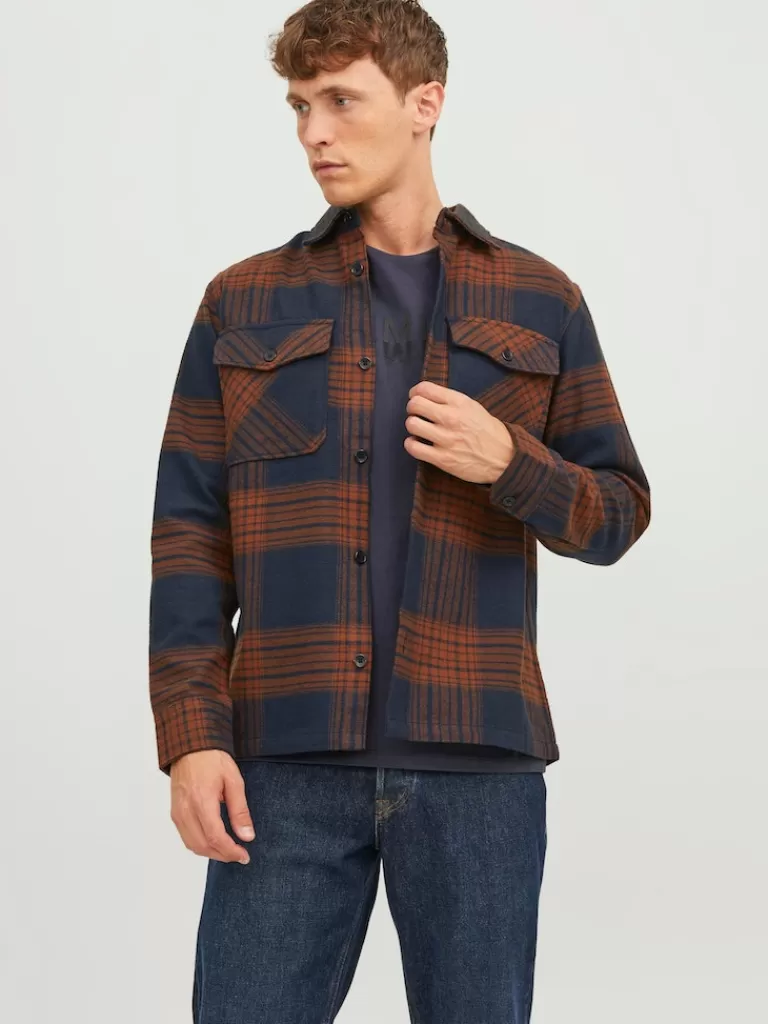 JACK&JONES ROY COMFORT FIT PLAID OVERSHIRT Cambridge Brown-Men Overshirts &Shackets | Outerwear | Shirts &Overshirts